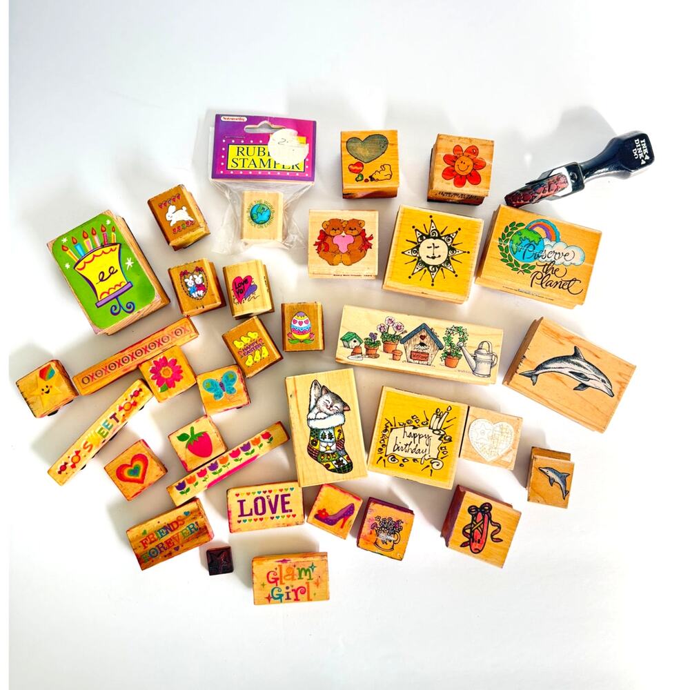 Vintage Wood Mounted Rubber Stamps Assorted Lot of 34 Animals, Flowers, Birthday